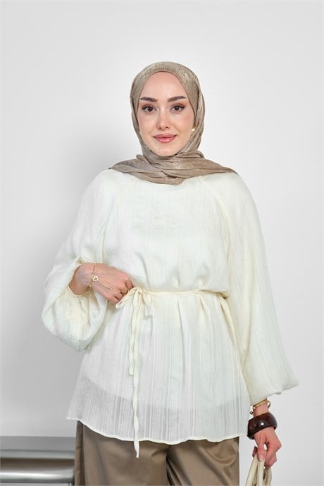 Bel Bağlamalı Bilek Lastik Detaylı Bluz Krem