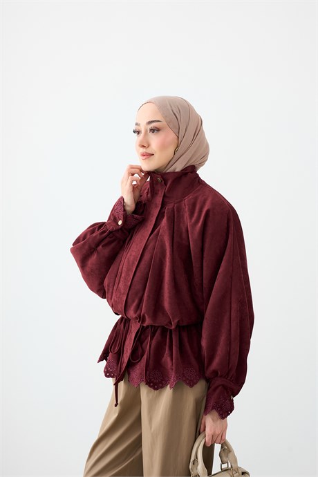 Süet Dik Yaka Ceket Bordo