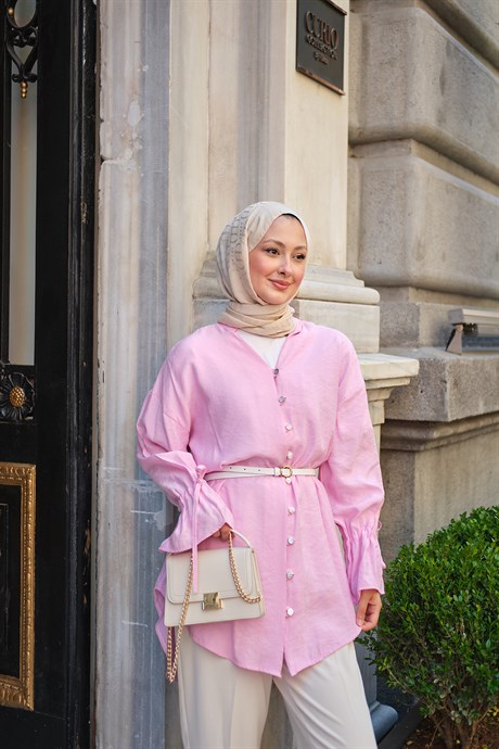 Brit Düğme Detaylı Bilekleri Ayarlanabilir Gömlek Pembe