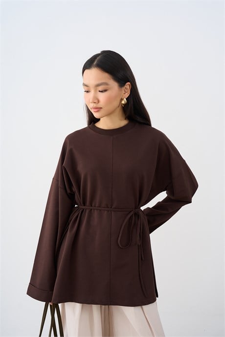 Önü Çima Detay Sweatshirt Kahverengi