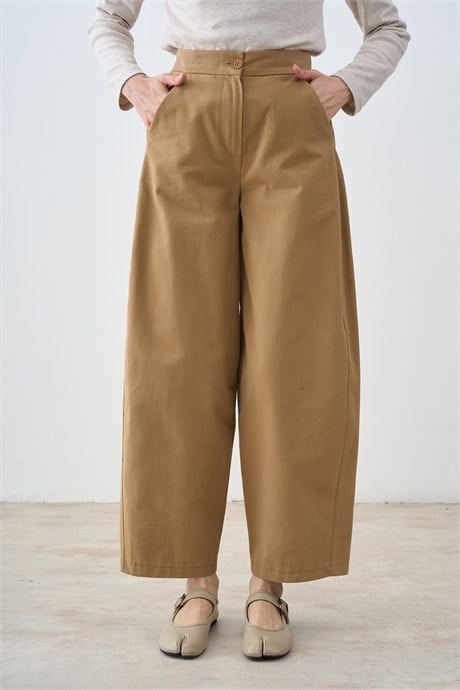 Beli Lastikli Çift Cepli Baggy Pantolon Camel