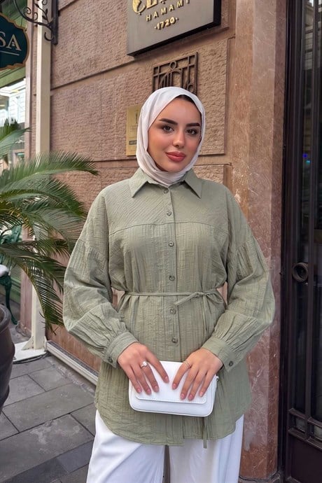 Kendinden Desenli Bel Bağlamalı Gömlek Haki Yeşil