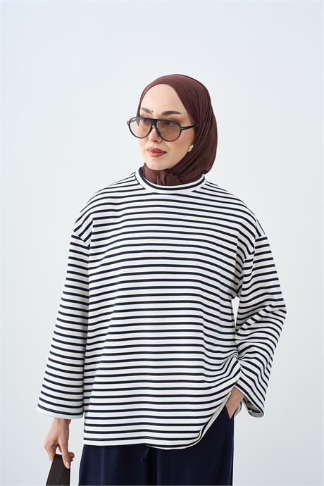 Kontrast Çizgili Bisiklet Yaka Oversize Sweatshirt Lacivert