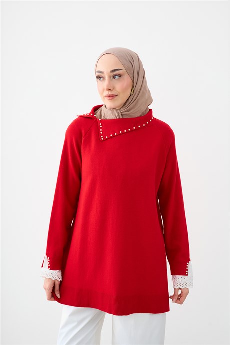 Boncuk Ve Dantel Detaylı Triko Tunik Kırmızı