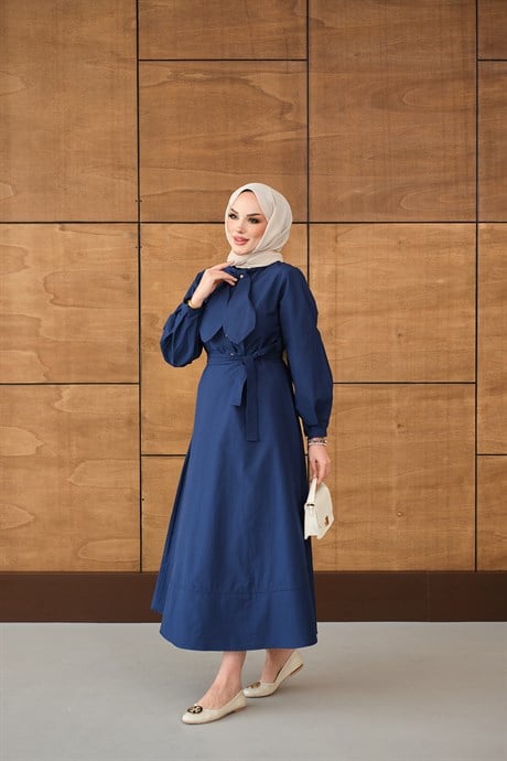 Bel Bağlamalı Elbise Lacivert