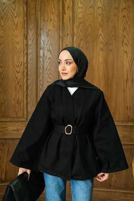 Bel Bağlamalı Kot Ceket Siyah