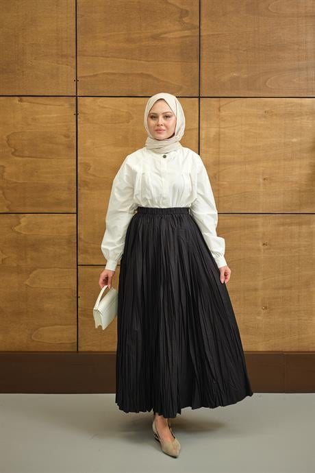 Beli Lastikli Kırışık Detay Etek Siyah