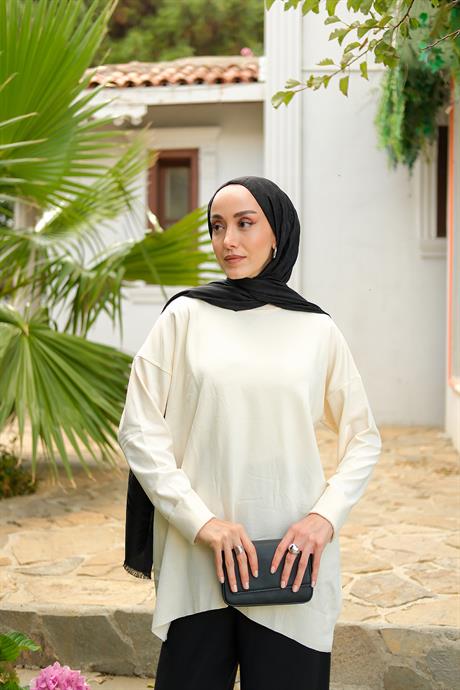 Bisiklet Yaka Oversize Triko Kazak  Bej