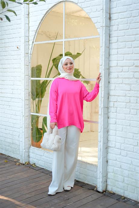 Bisiklet Yaka Oversize Triko Kazak Fuşya