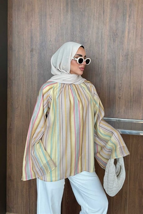 Rengarenk Çizgi Desen İç Astarlı Tül Bluz Sarı