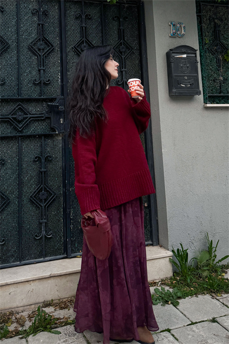 Çiçek Desen Astarlı Şifon Etek Bordo