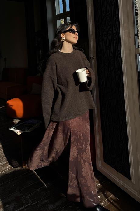 Çiçek Desen Astarlı Şifon Etek Kahverengi