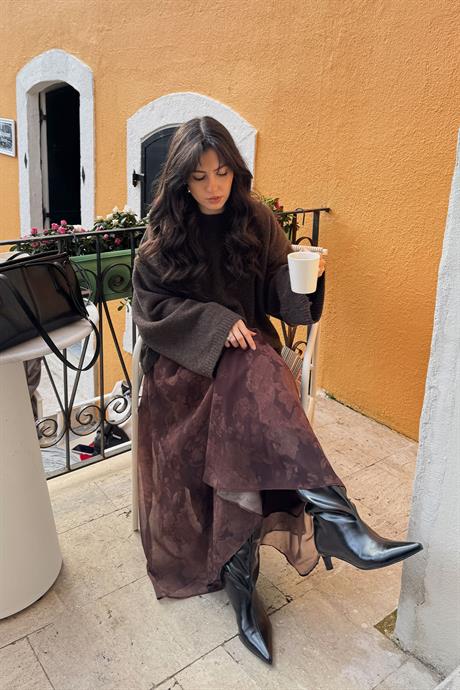 Çiçek Desen Astarlı Şifon Etek Kahverengi