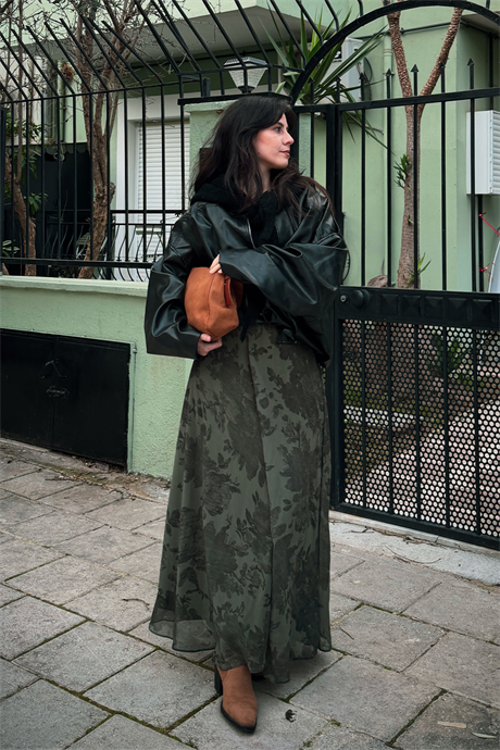 Çiçek Desen Astarlı Şifon Etek Yeşil