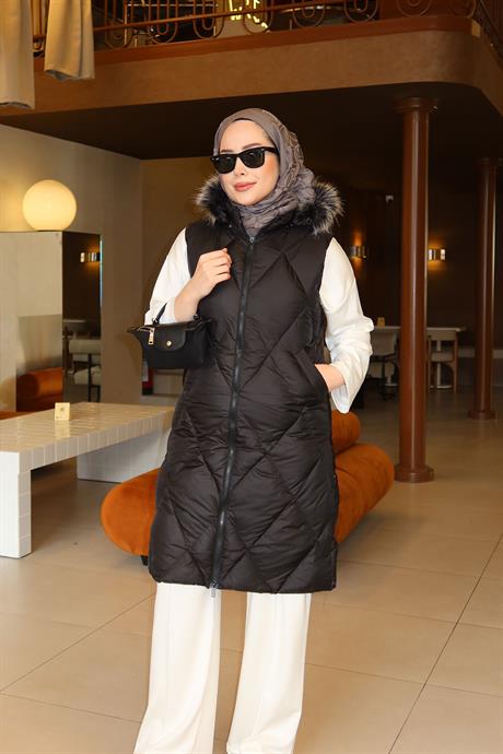 Çift Cepli Kapüşonlu Yelek Siyah