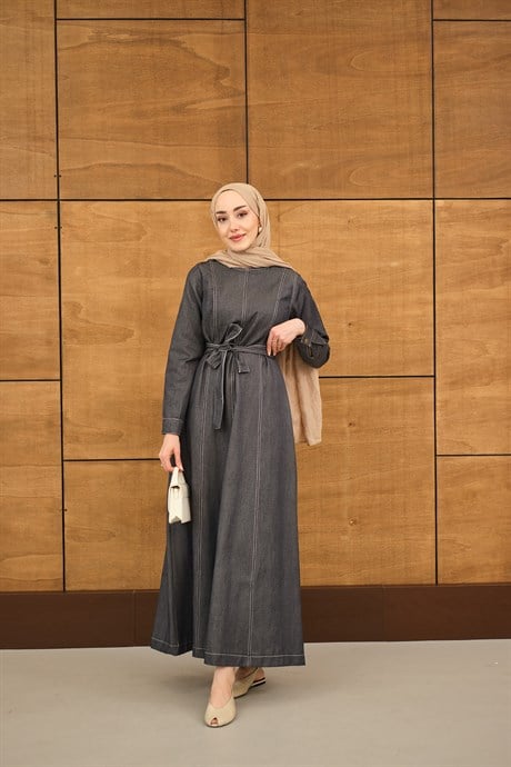 Dikiş Detay Bel Bağlamalı İnce Kot Elbise Antrasit