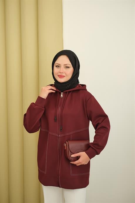 Dikiş Detay Kapüşonlu Hırka Bordo