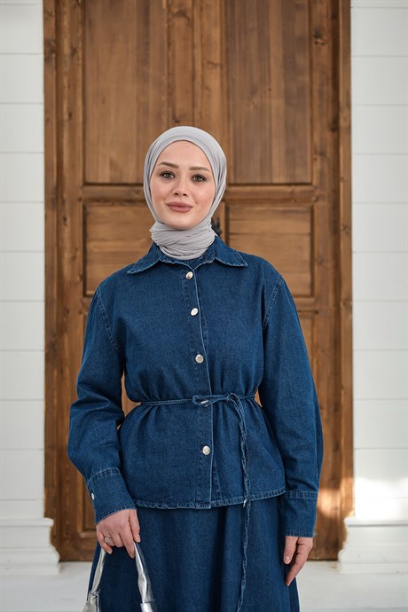 Düğmeli Bel Bağlamalı Kot Takım Lacivert