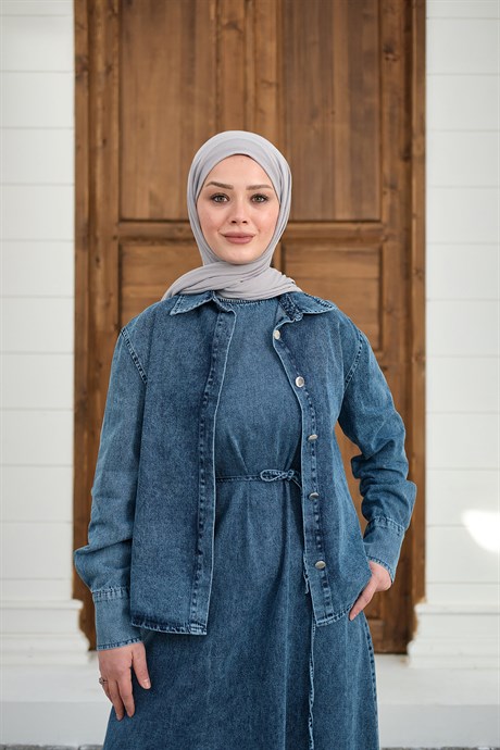 Düğmeli Bel Bağlamalı Kot Takım Yıkama Mavi