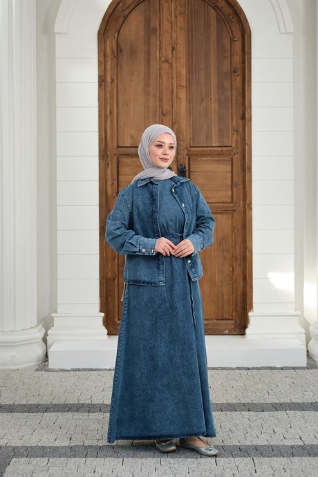 Düğmeli Bel Bağlamalı Kot Takım Yıkama Mavi