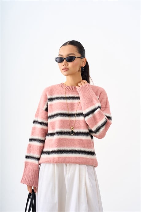 Çizgi Detay Triko Tunik Pembe