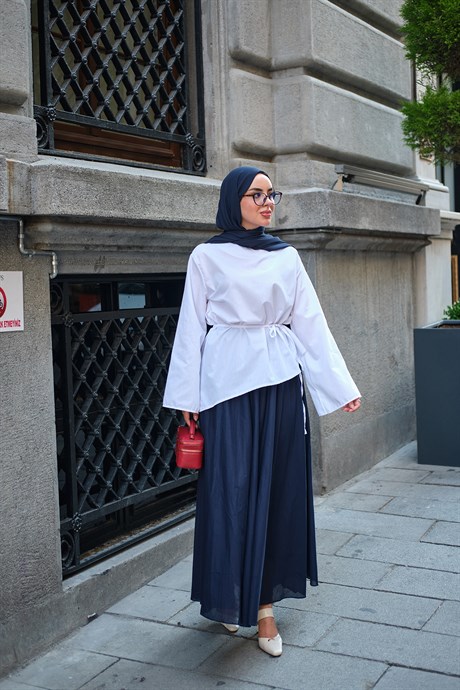 Bel Bağlamalı Etek Üstü Bluz Beyaz