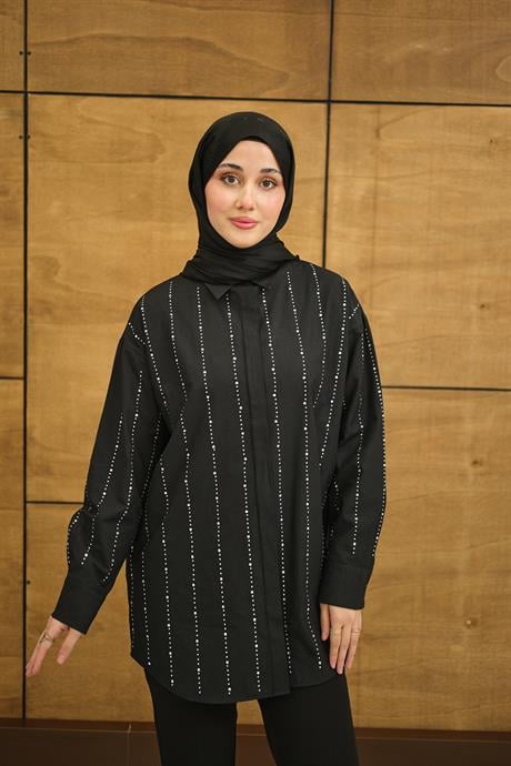Gizli Düğmeli Ön taş Detay Regular Poplin Gömlek Siyah