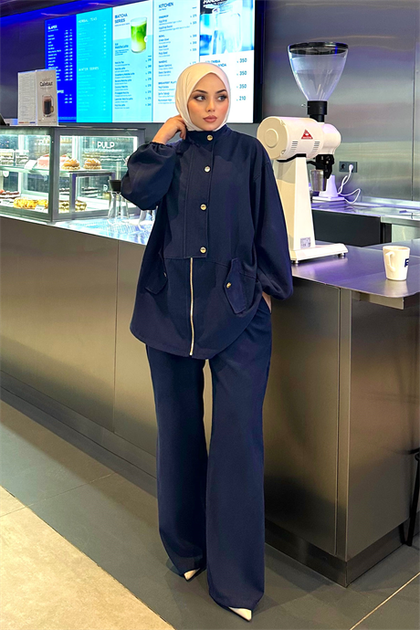 Gold Düğmeli Çift Cepli Fermuarlı Takım Lacivert