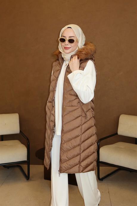 Kapüşonlu Kolsuz Şişme Yelek Taba