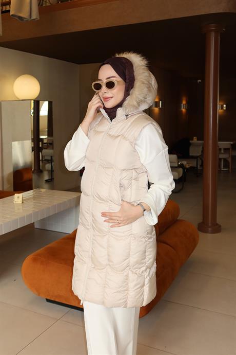 Kapüşonlu Şişme Yelek Krem