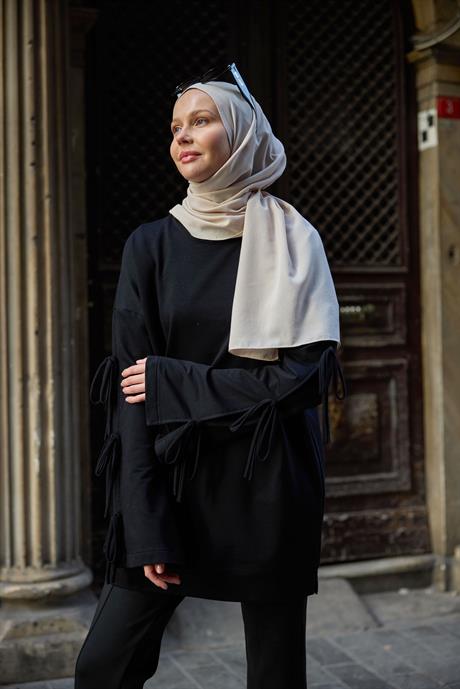 Kolu Bağcık Detaylı Tunik Siyah