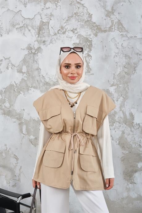 Kordon Detay Gabardin Bel Bağlamalı Yelek Krem