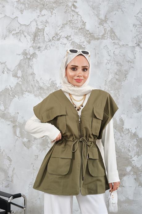 Kordon Detay Gabardin Bel Bağlamalı Yelek Haki Yeşil