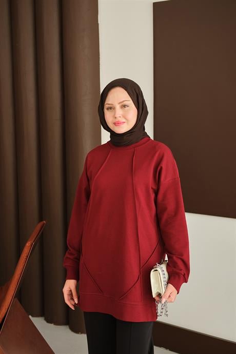 Önü Dikiş Detay Tunik Bordo