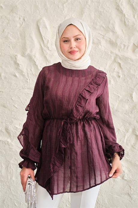 Önü Fırfırlı Ve Bağlama Detay Simli Tül Kumaş Tunik Bordo