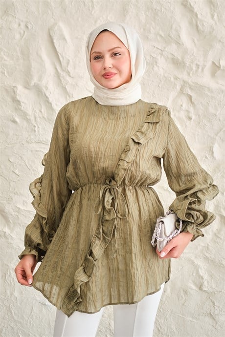 Önü Fırfırlı Ve Bağlama Detay Simli Tül Kumaş Tunik Yeşil