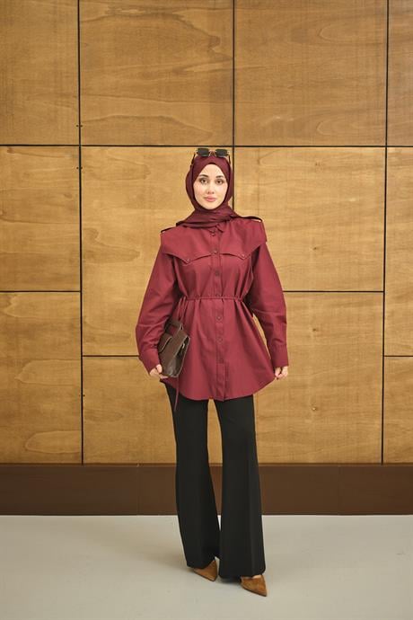 Roba Detaylı Kemerli Regular Poplin Gömlek Bordo