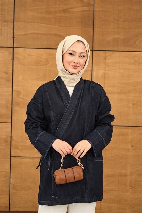 Yandan Bağlamalı Kot Kimono Lacivert