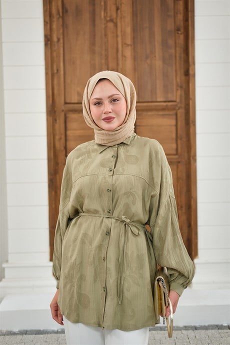 Yaprak Desen Bel Bağlamalı Gömlek Yeşil