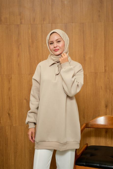 Yarım Fermuar Detay Sweat Krem