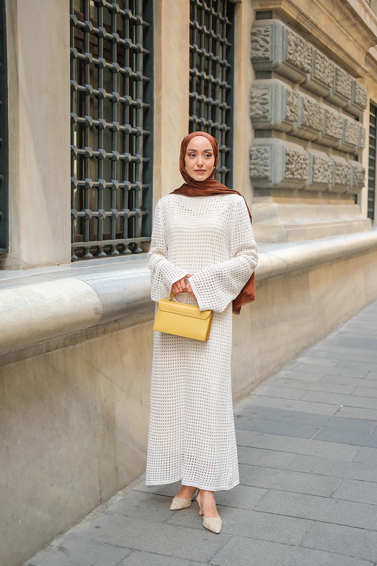 Ajur Desenli Elbise Krem