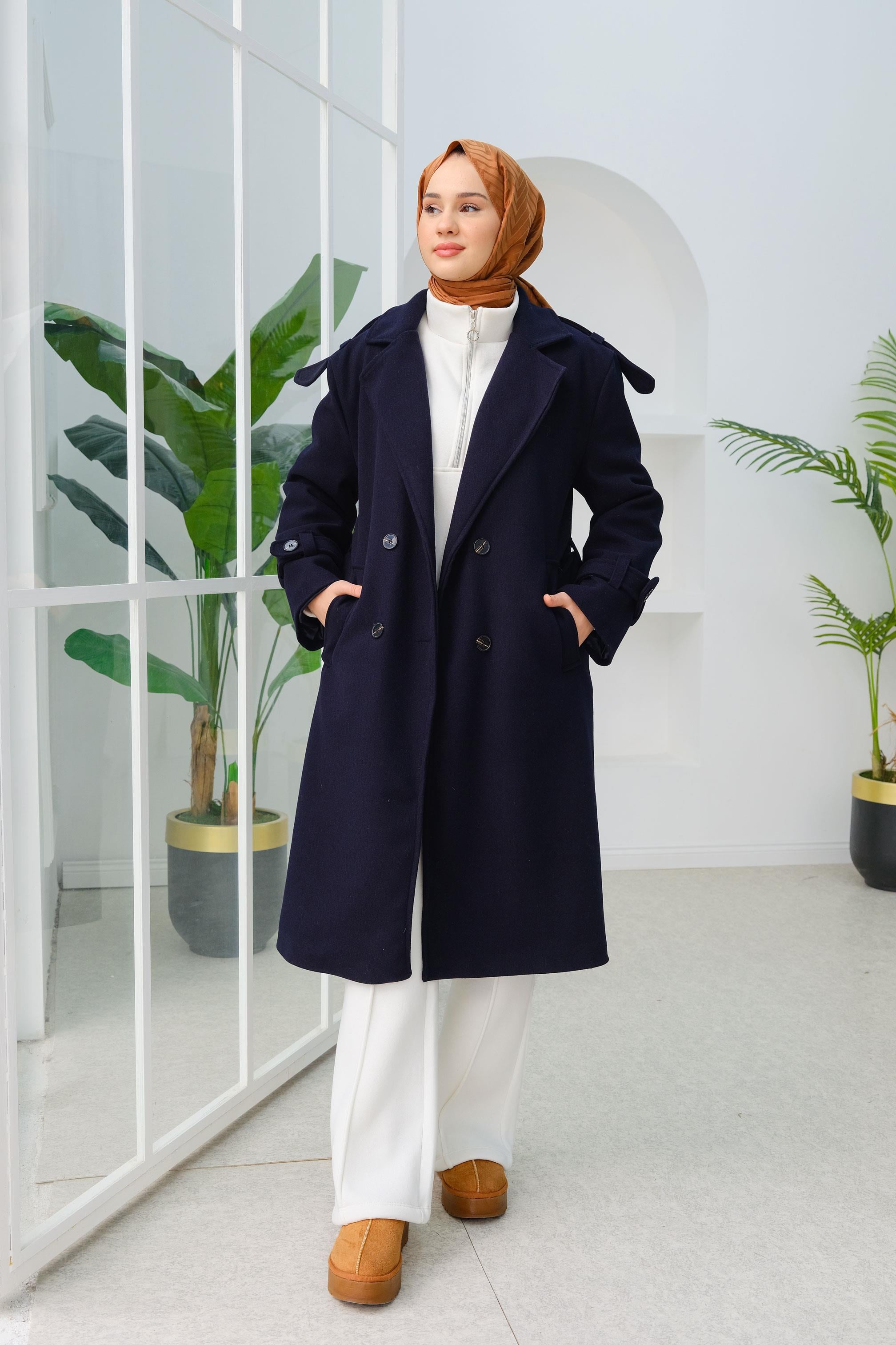 Apolet Detay Midi Boy Kaşe Kaban Lacivert