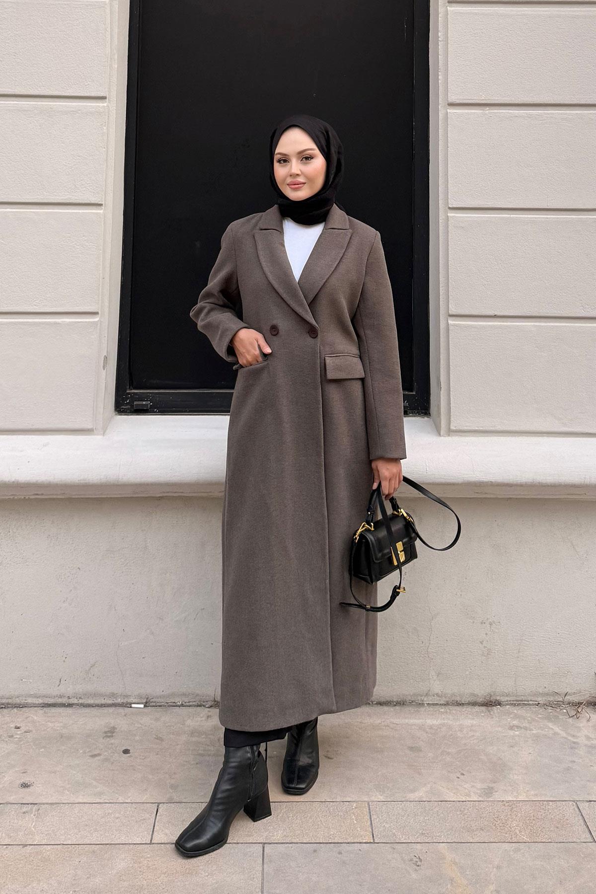 Arka Düğme Detaylı Kaşe Kaban Kahverengi