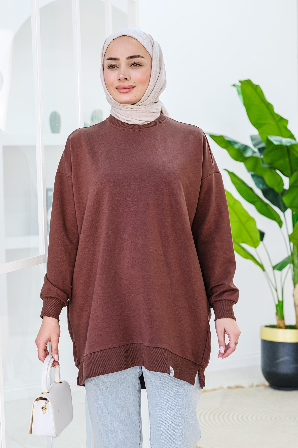Arma Detay Oversize Tunik Kahverengi