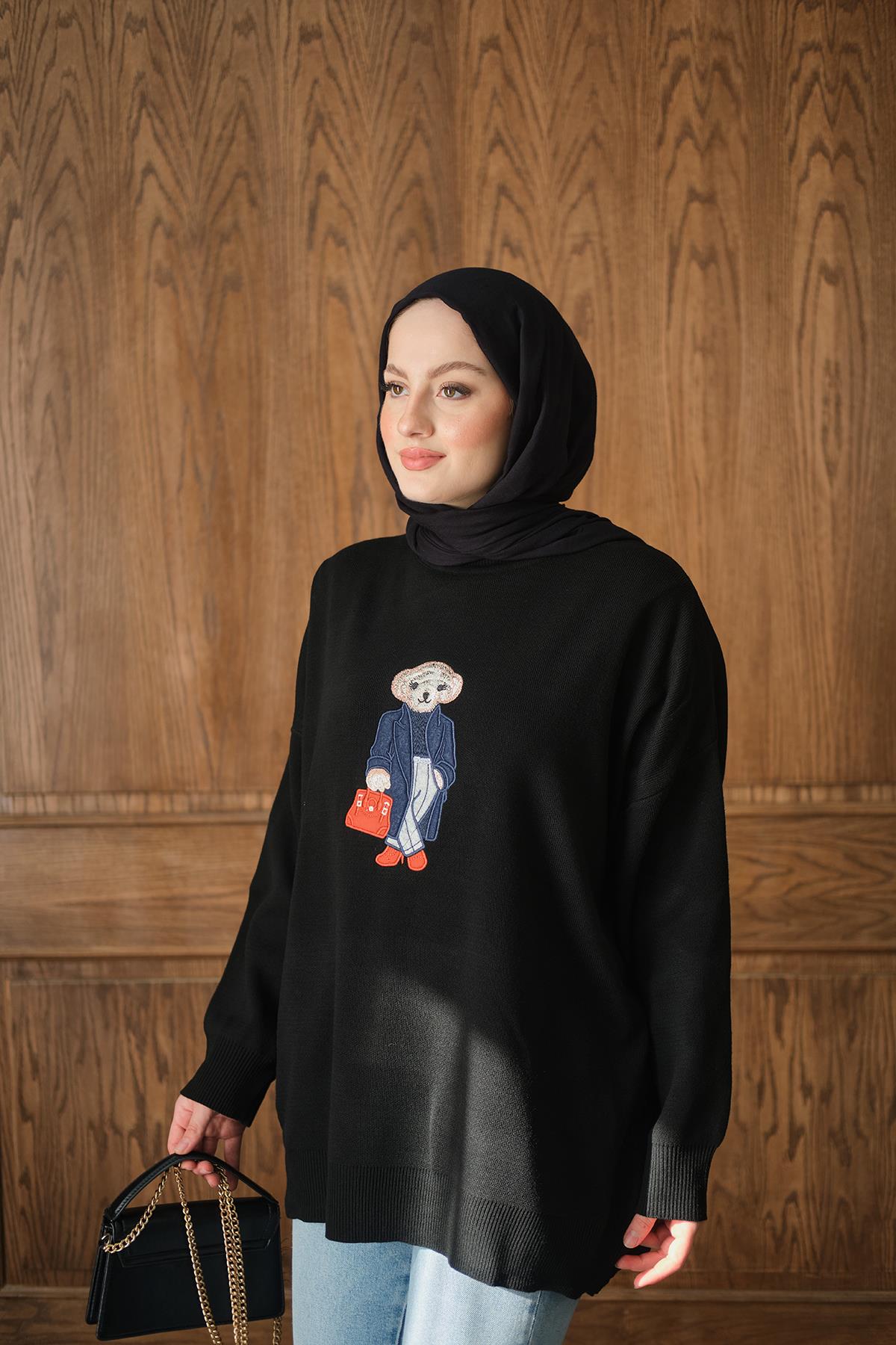 Ayıcık Nakışlı Triko Takım Siyah