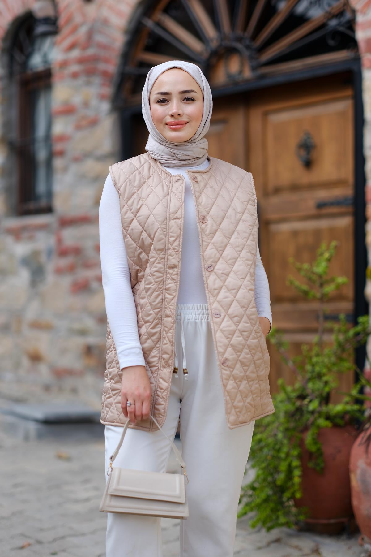 Baklava Desen İnce Yelek Krem