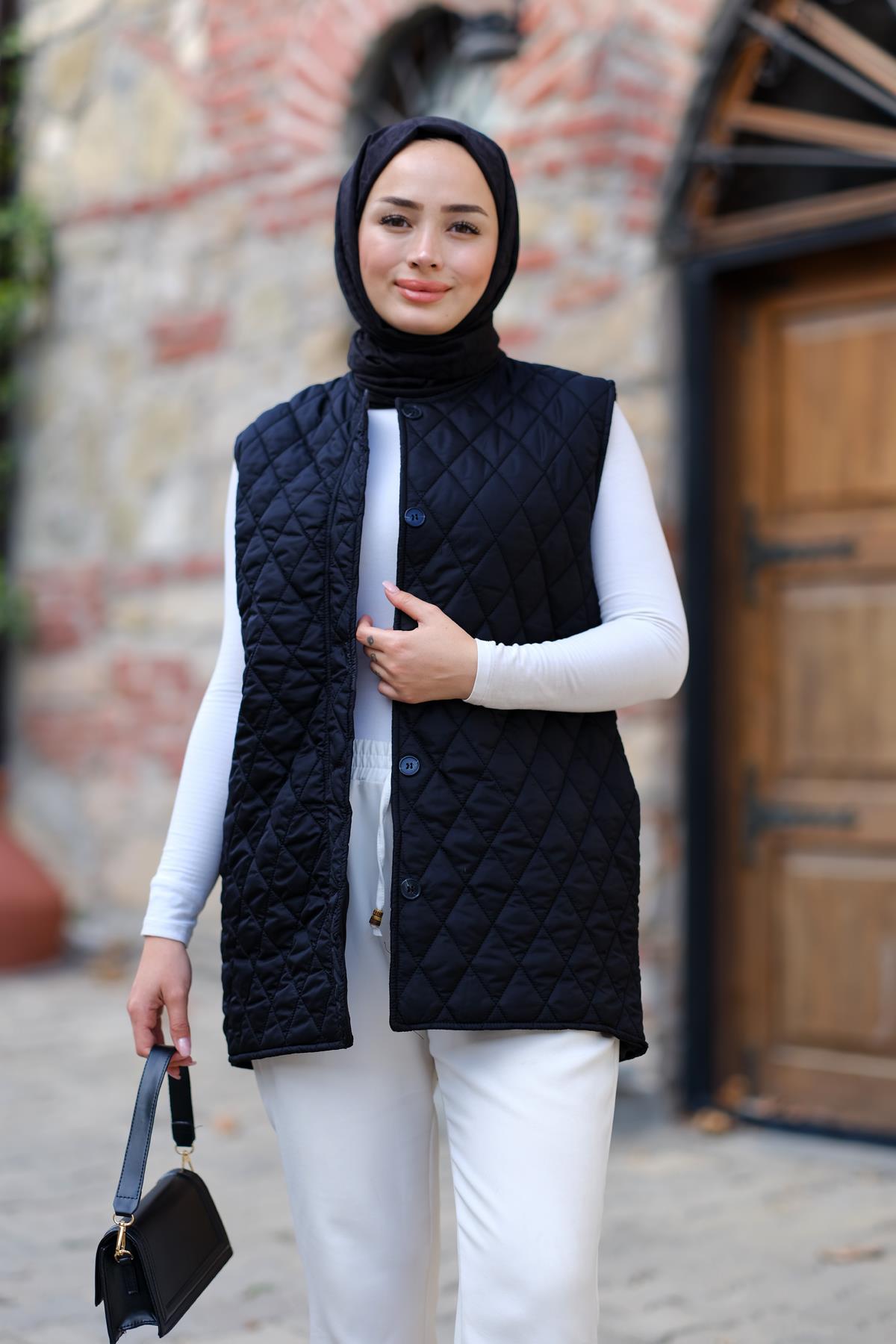 Baklava Desen İnce Yelek Siyah