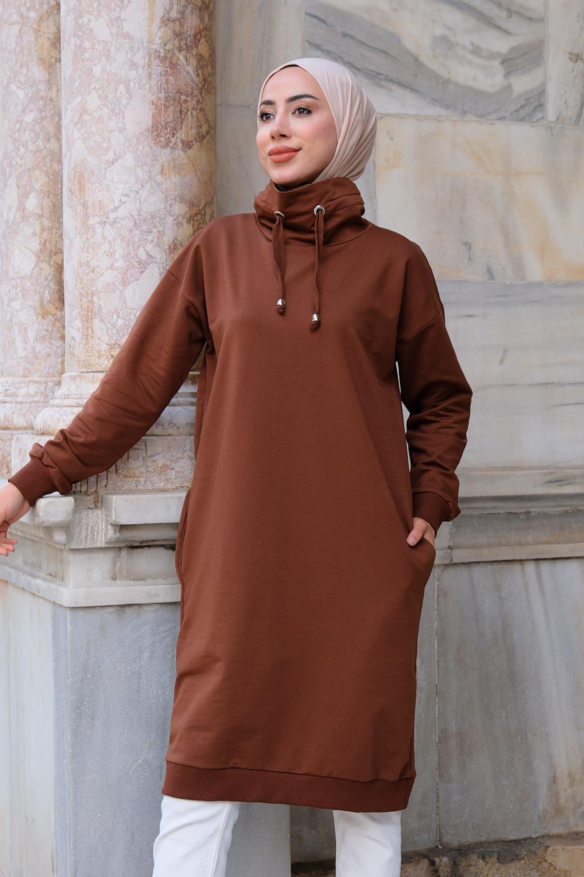Balıçı Yaka Uzun Boy Tunik Kahverengi