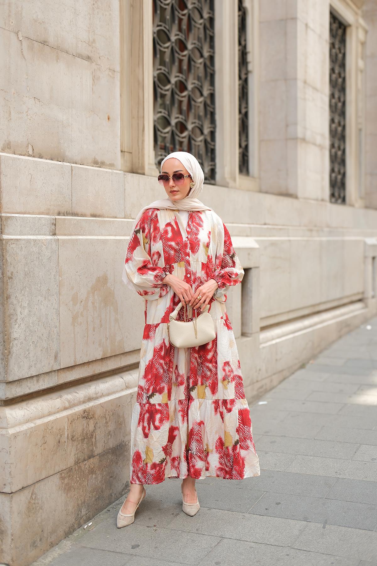 Baskı Desenli Elbise Kırmızı