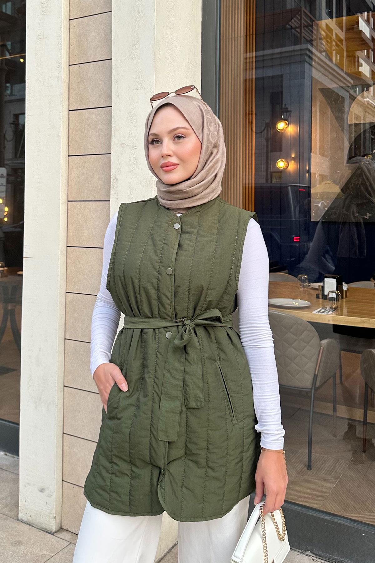 Bel Bağlamalı İnce Yelek  Haki Yeşil